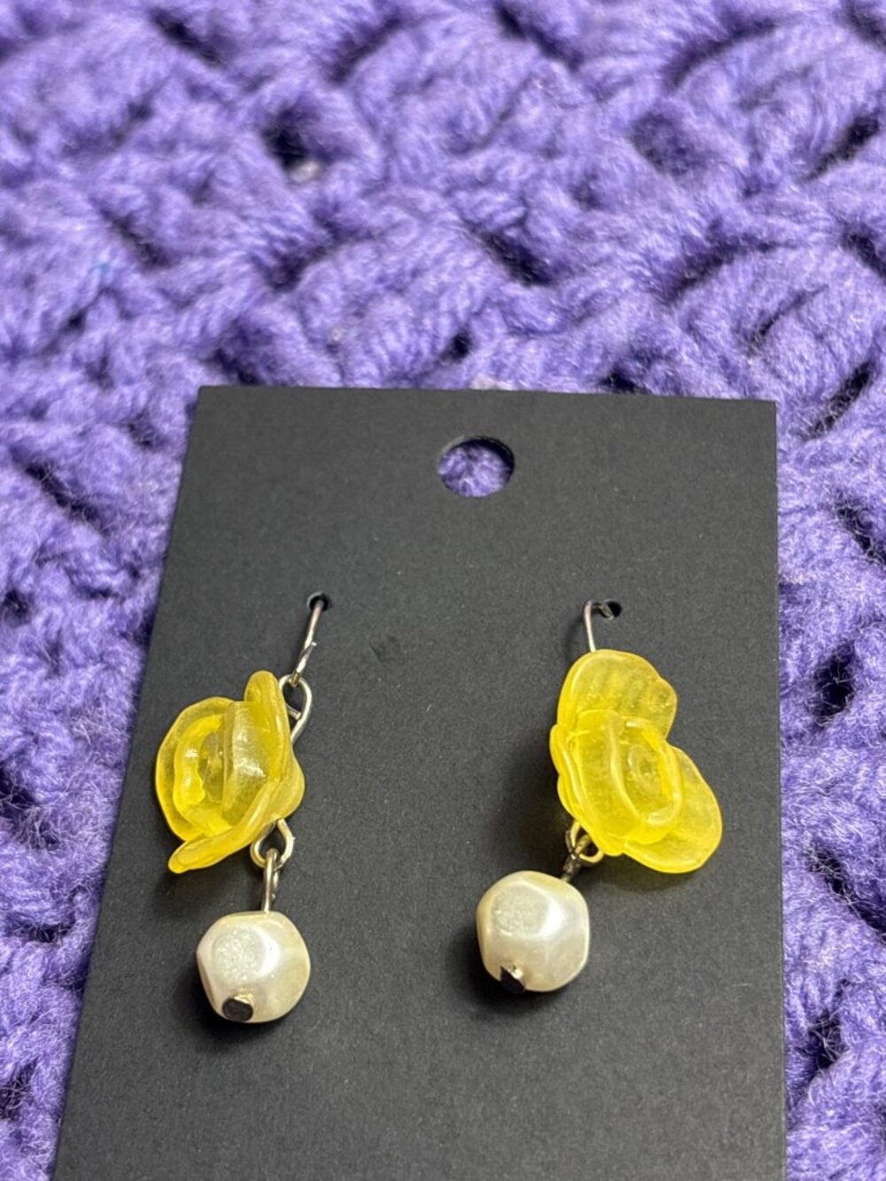 Plastic Bead Dangle Earrings Yellow Rose Faux Pearl Silvertone Hooks 1 inch